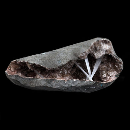 Scolecite Sprays Inside Geode Natural Mineral Specimen # B 4650  https://www.superbminerals.us/products/scolecite-sprays-inside-geode-natural-mineral-specimen-b-4650  Features: A lovely item with a geode lined with beige, glossy Heulandite crystals.