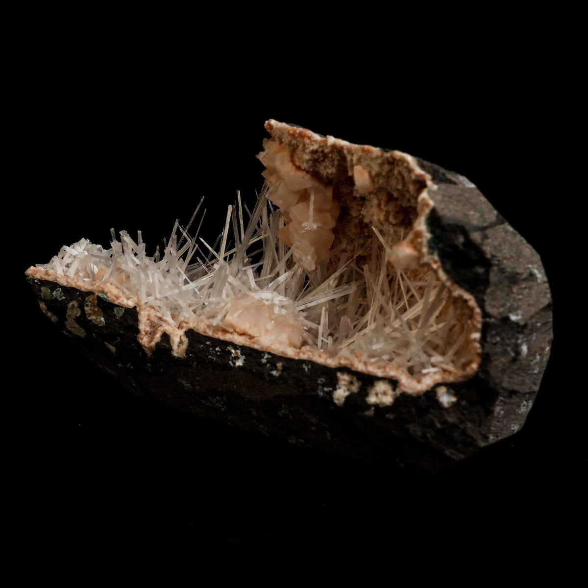 Scolecite Sprays Inside Heulandite Geode Natural Mineral Specimen # B…  https://www.superbminerals.us/products/scolecite-sprays-inside-heulandite-geode-natural-mineral-specimen-b-5059  Features: A big, free-standing Geode bordered with peach-colored