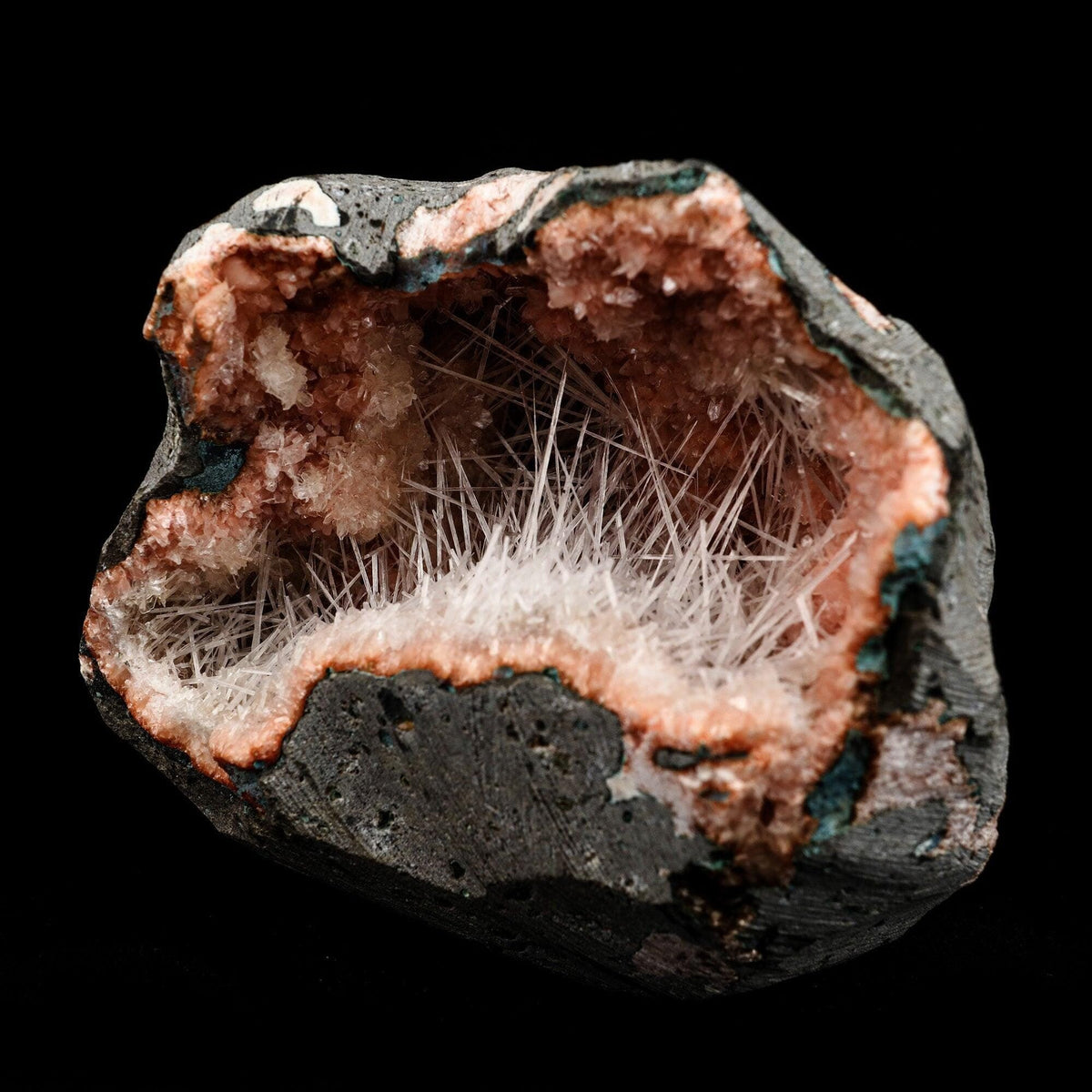 Scolecite Sprays Inside Heulandite Geode Natural Mineral Specimen # B…  https://www.superbminerals.us/products/scolecite-sprays-inside-heulandite-geode-natural-mineral-specimen-b-5089  Features: A big, free-standing Geode bordered with peach-colored