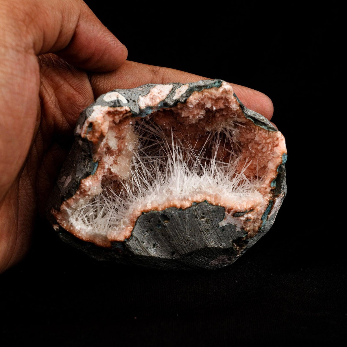 Scolecite Sprays Inside Heulandite Geode Natural Mineral Specimen # B…  https://www.superbminerals.us/products/scolecite-sprays-inside-heulandite-geode-natural-mineral-specimen-b-5089  Features: A big, free-standing Geode bordered with peach-colored