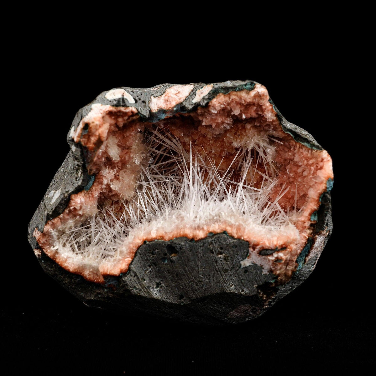 Scolecite Sprays Inside Heulandite Geode Natural Mineral Specimen # B…  https://www.superbminerals.us/products/scolecite-sprays-inside-heulandite-geode-natural-mineral-specimen-b-5089  Features: A big, free-standing Geode bordered with peach-colored