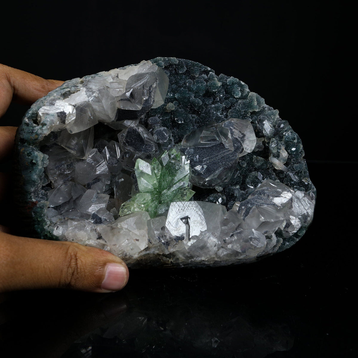 Sharp Terminated Green Apophyllite Cluster and calcite on Shimmering Dark Green Chalcedony Matrix – Natural Indian Zeolite Mineral Specimen from Jalgaon, Maharashtra # B 7239 Apophyllite Superb Minerals 