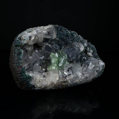 Sharp Terminated Green Apophyllite Cluster and calcite on Shimmering Dark Green Chalcedony Matrix – Natural Indian Zeolite Mineral Specimen from Jalgaon, Maharashtra # B 7239 Apophyllite Superb Minerals 