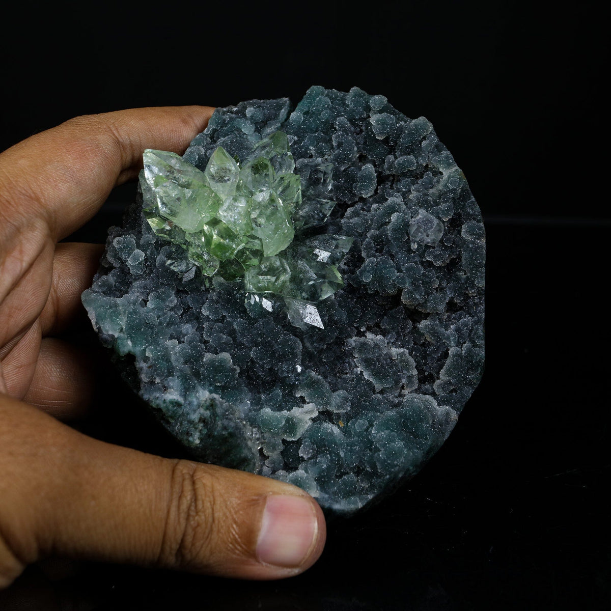Sharp Terminated Green Apophyllite Cluster on Shimmering Dark Green Chalcedony Matrix – Natural Indian Zeolite Mineral Specimen from Jalgaon, Maharashtra # B 7237 Apophyllite Superb Minerals 