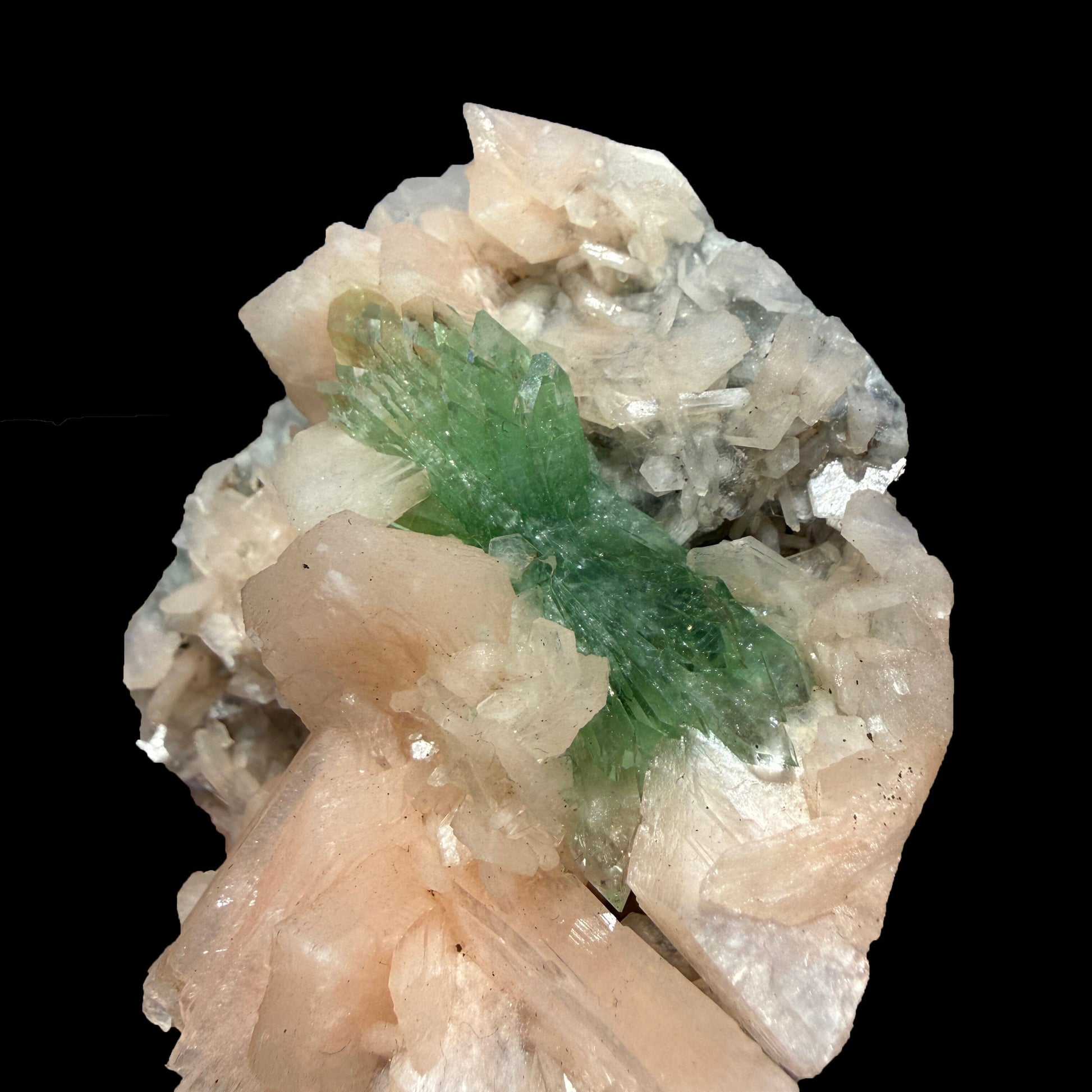 Sharp Terminated Green Apophyllite with Peach Stilbite on Chalcedony Matrix – Rare Zeolite Mineral from Jalgaon,India # DKT92 Apophyllite Superb Minerals 