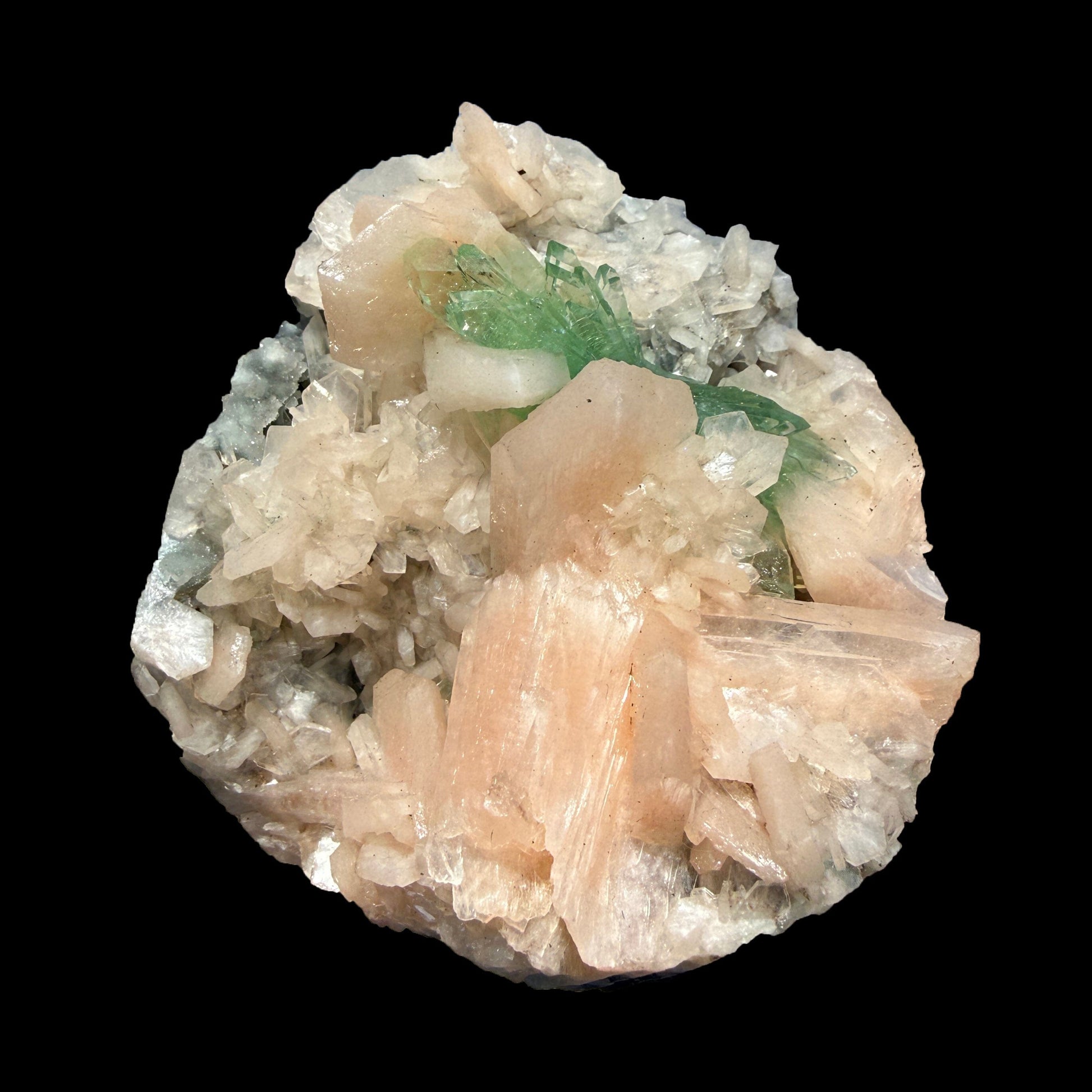 Sharp Terminated Green Apophyllite with Peach Stilbite on Chalcedony Matrix – Rare Zeolite Mineral from Jalgaon,India # DKT92 Apophyllite Superb Minerals 