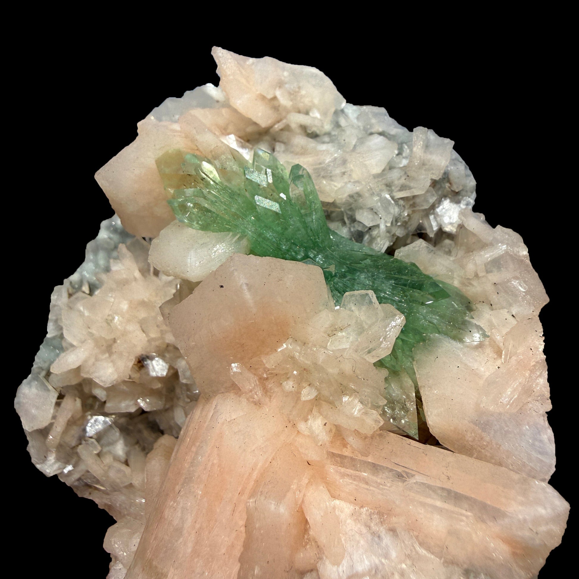 Sharp Terminated Green Apophyllite with Peach Stilbite on Chalcedony Matrix – Rare Zeolite Mineral from Jalgaon,India # DKT92 Apophyllite Superb Minerals 