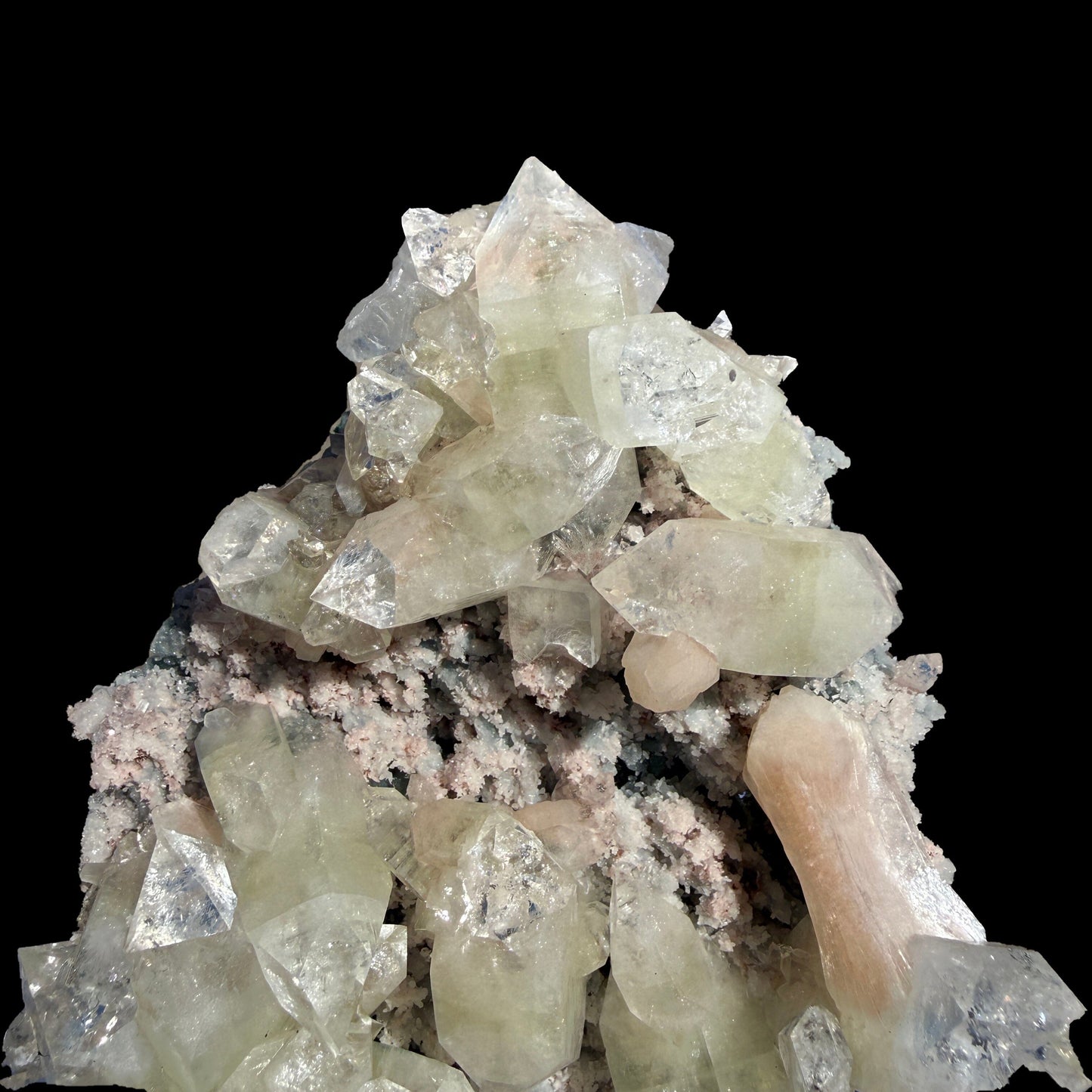 Sharply Terminated Green Apophyllite with Stilbite on Pink Chalcedony Matrix – Zeolite Mineral Specimen from Jalgaon # DKT122 Apophyllite Superb Minerals 