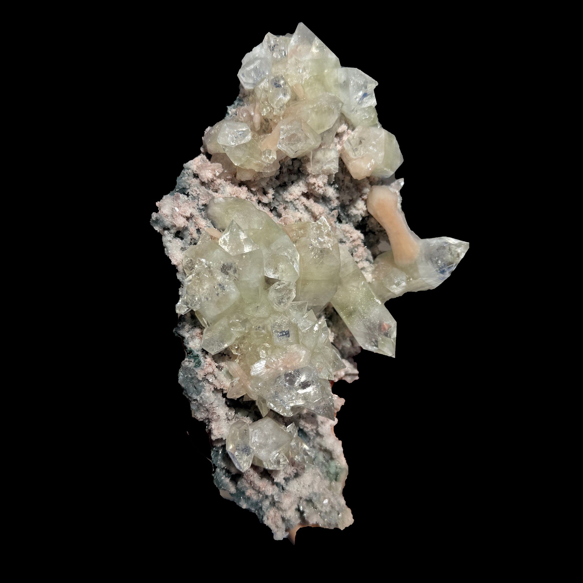 Sharply Terminated Green Apophyllite with Stilbite on Pink Chalcedony Matrix – Zeolite Mineral Specimen from Jalgaon # DKT122 Apophyllite Superb Minerals 