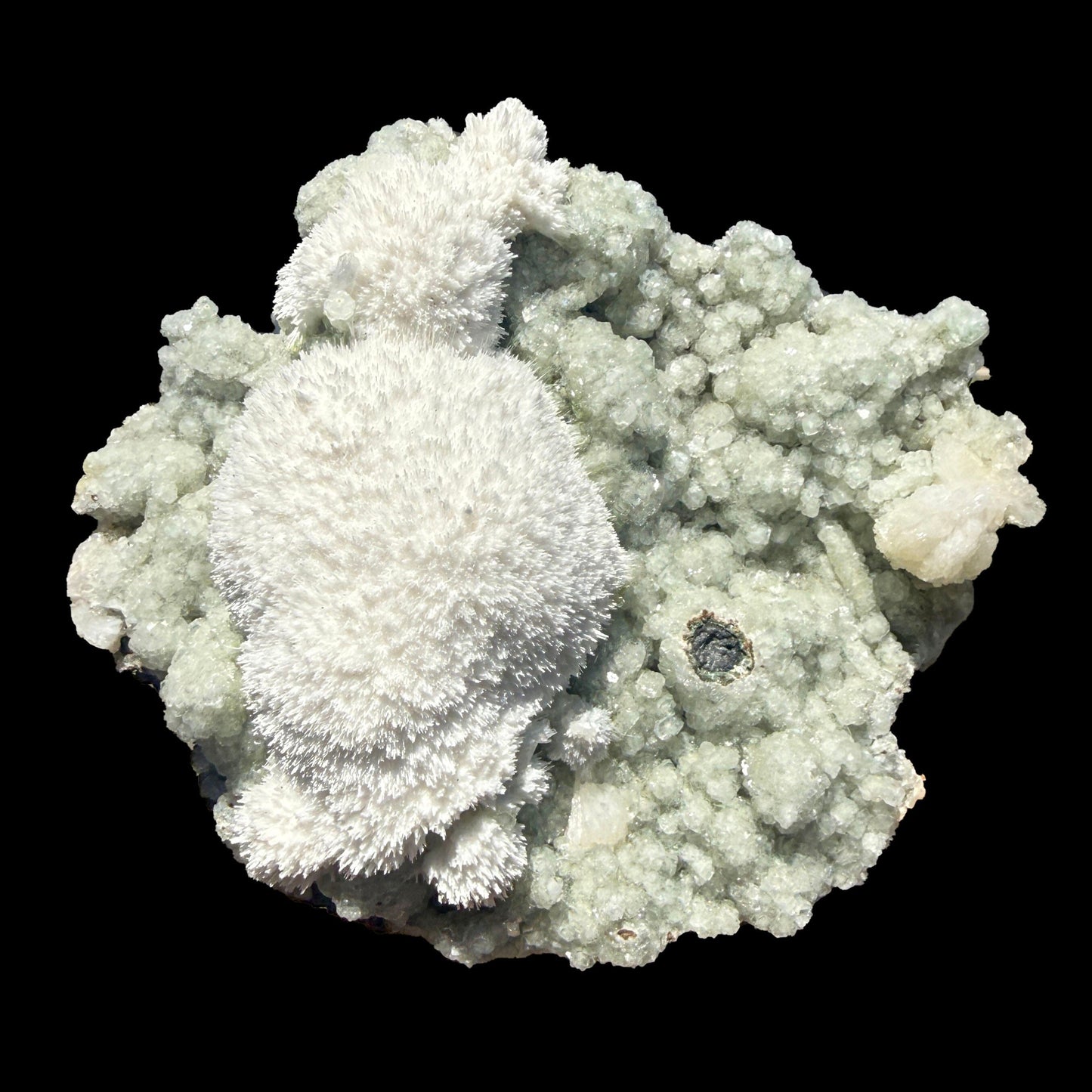 Snowy White Mordenite Puff on Sparkling Greenish Calcite Cluster Matrix – Rare Indian Zeolite Mineral Specimen # DKT128 Mordenite Superb Minerals 
