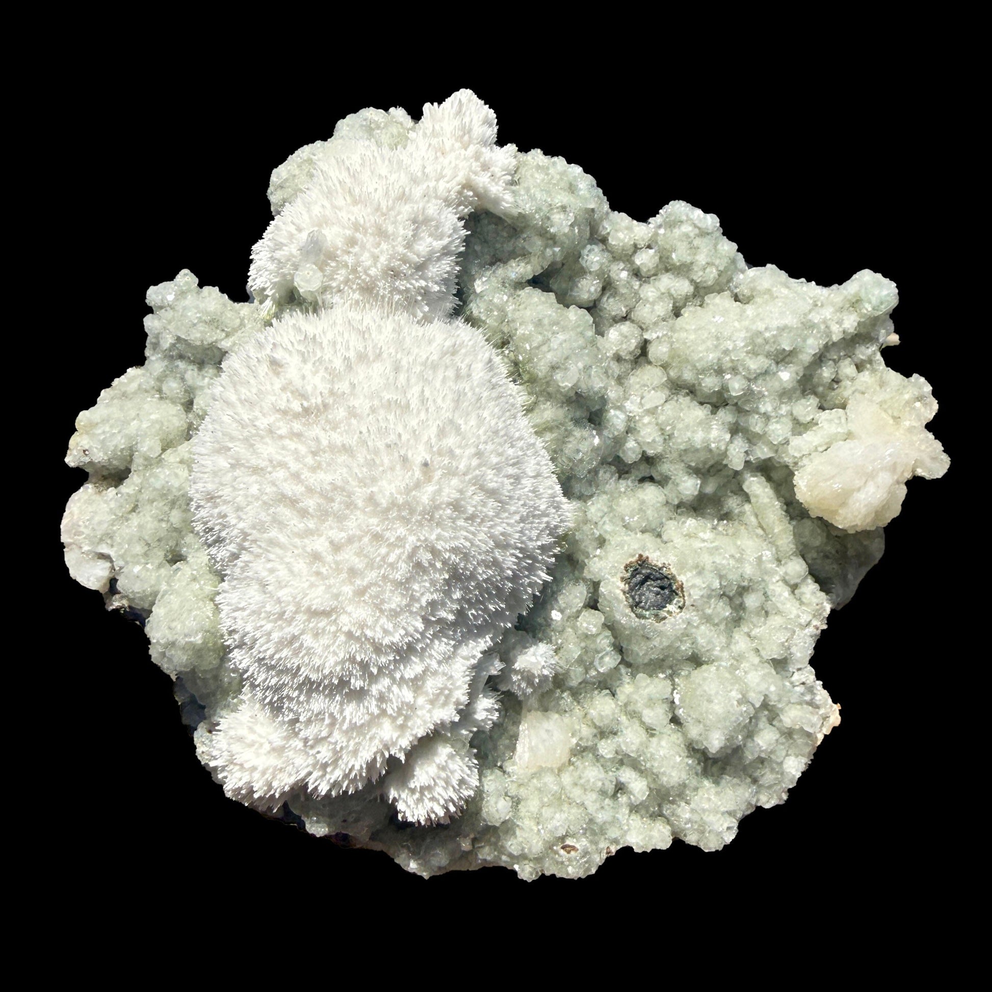 Snowy White Mordenite Puff on Sparkling Greenish Calcite Cluster Matrix – Rare Indian Zeolite Mineral Specimen # DKT128 Mordenite Superb Minerals 
