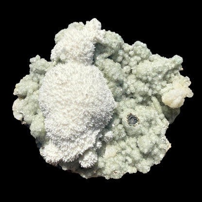 Snowy White Mordenite Puff on Sparkling Greenish Calcite Cluster Matrix – Rare Indian Zeolite Mineral Specimen # DKT128 Mordenite Superb Minerals 
