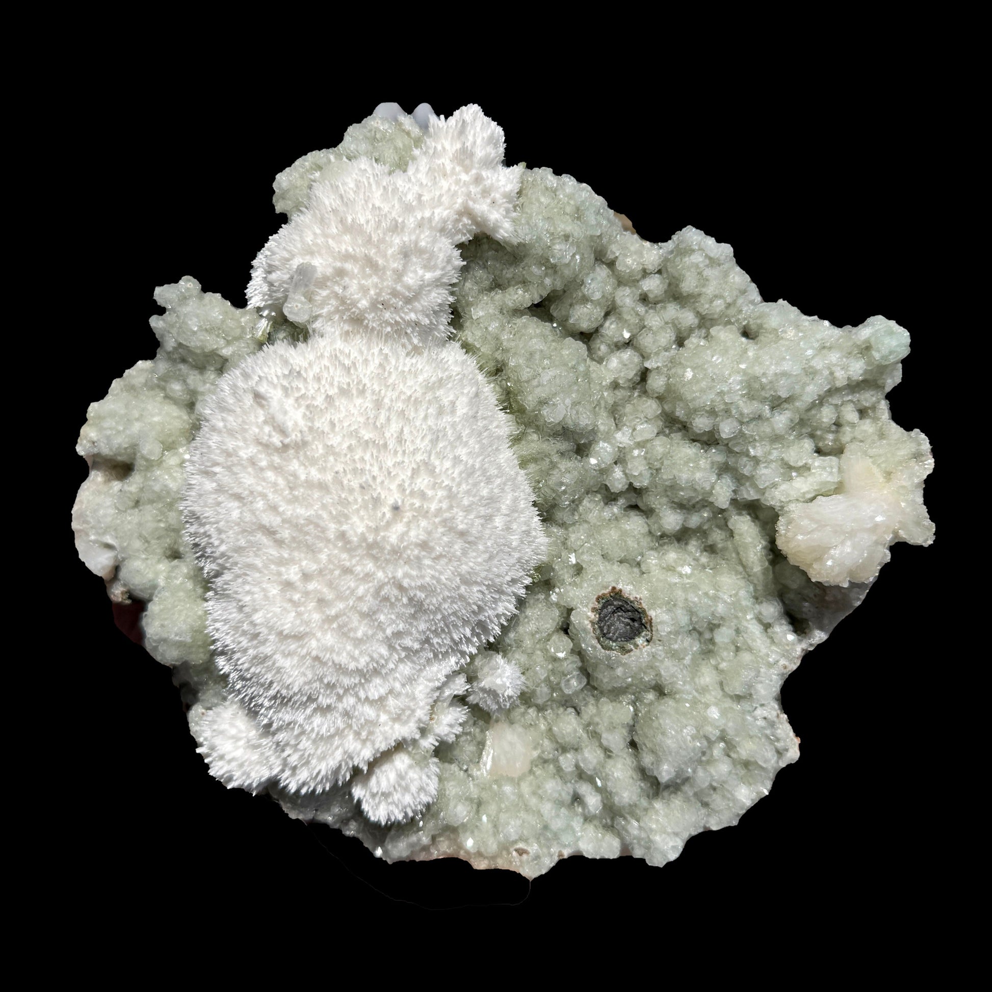 Snowy White Mordenite Puff on Sparkling Greenish Calcite Cluster Matrix – Rare Indian Zeolite Mineral Specimen # DKT128 Mordenite Superb Minerals 