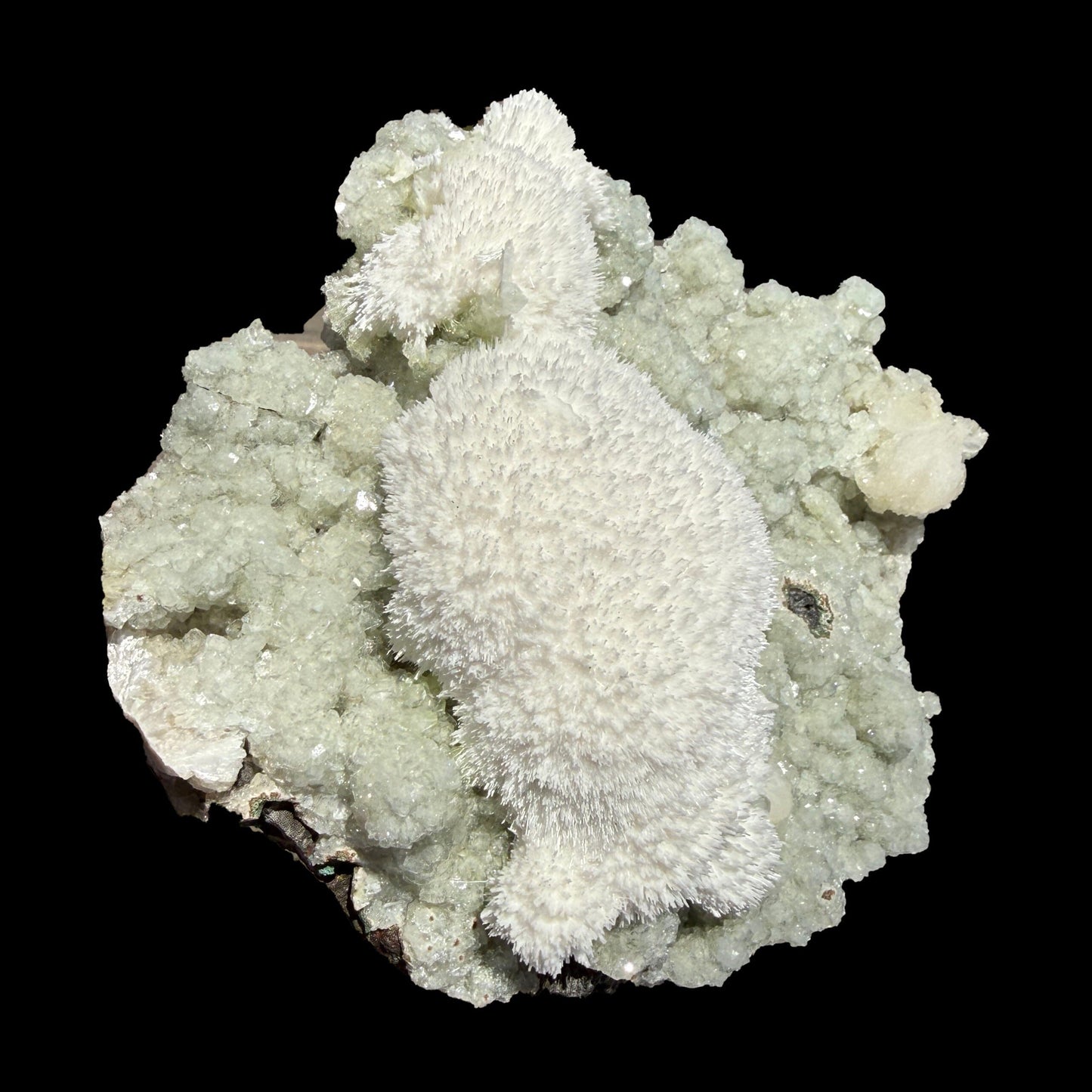 Snowy White Mordenite Puff on Sparkling Greenish Calcite Cluster Matrix – Rare Indian Zeolite Mineral Specimen # DKT128 Mordenite Superb Minerals 