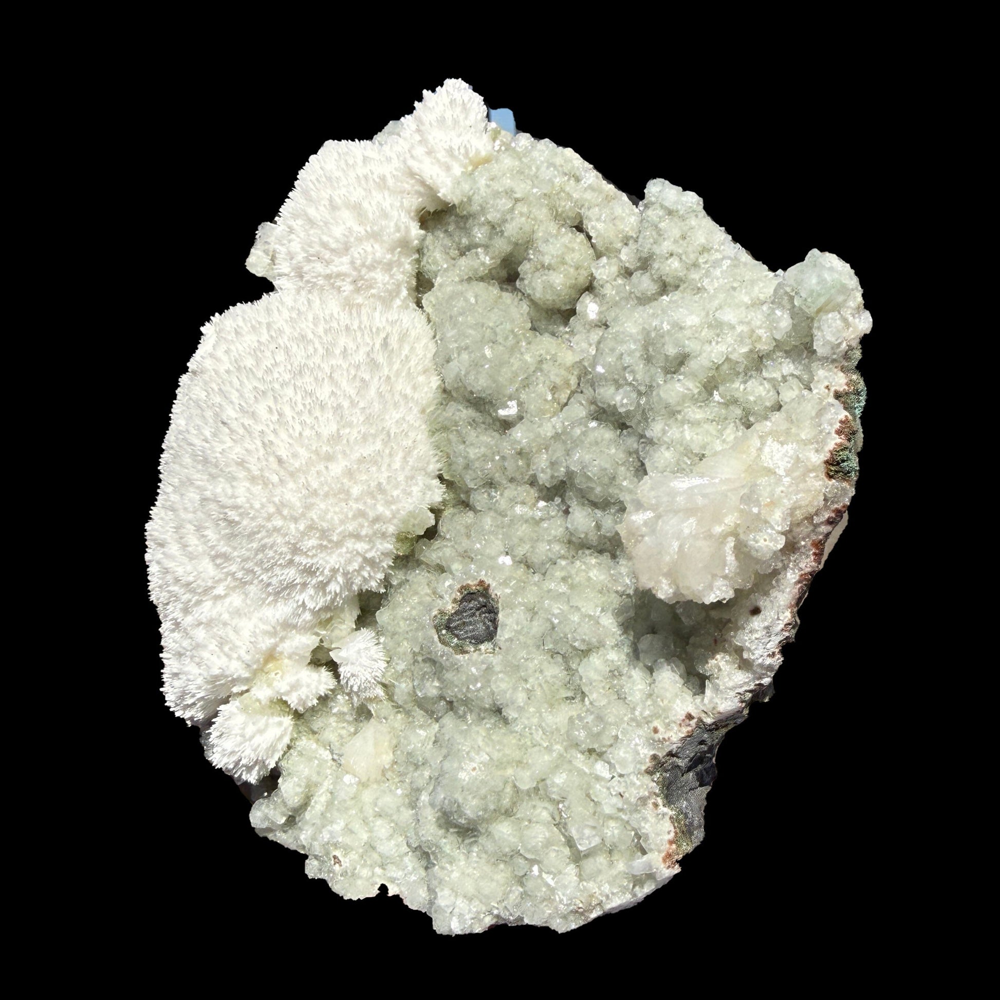 Snowy White Mordenite Puff on Sparkling Greenish Calcite Cluster Matrix – Rare Indian Zeolite Mineral Specimen # DKT128 Mordenite Superb Minerals 