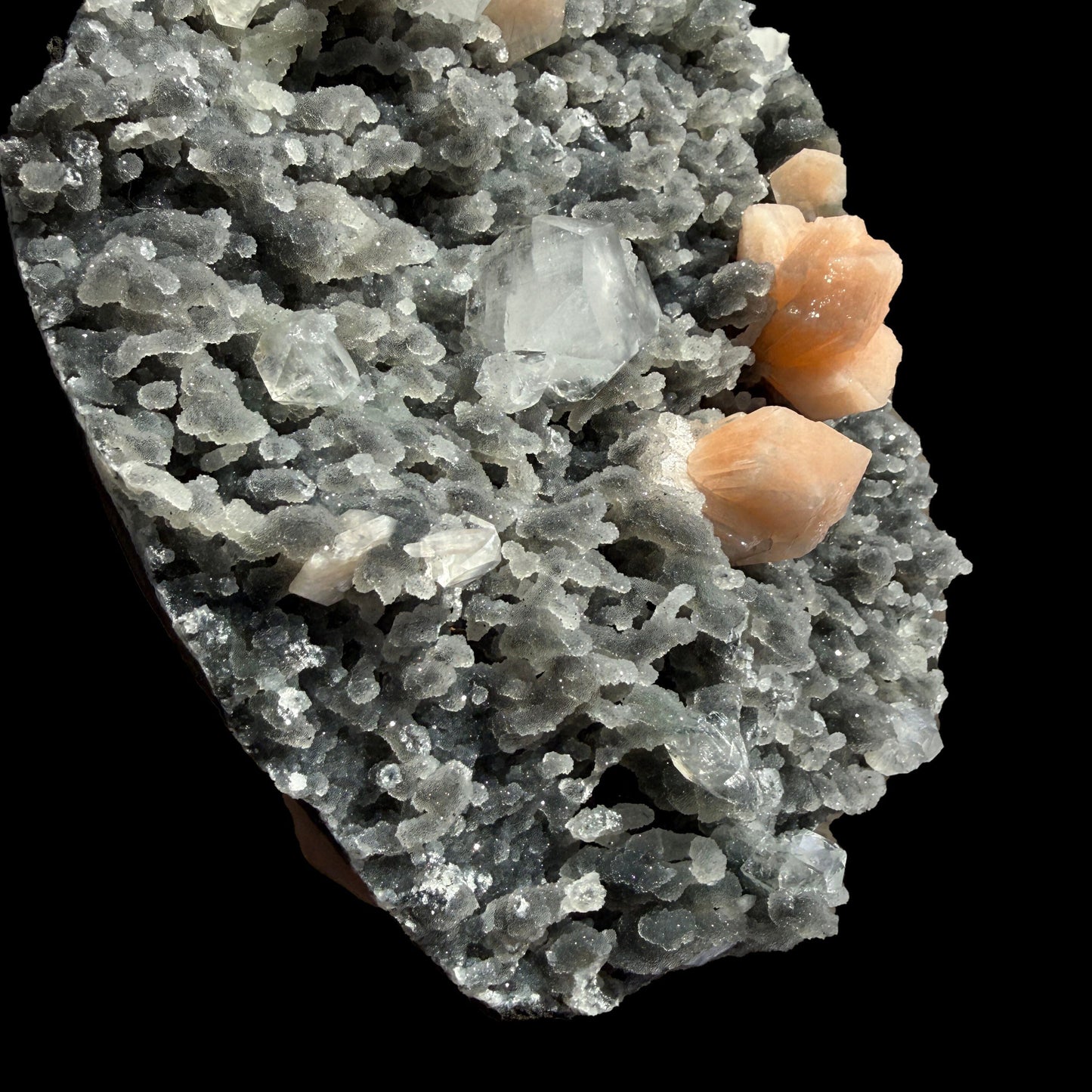 Sparkling Black Chalcedony Plate with Stilbite & Cubic Apophyllite – Rare Cabinet Mineral Specimen from Nashik # DKT124 Chalcedony Superb Minerals 