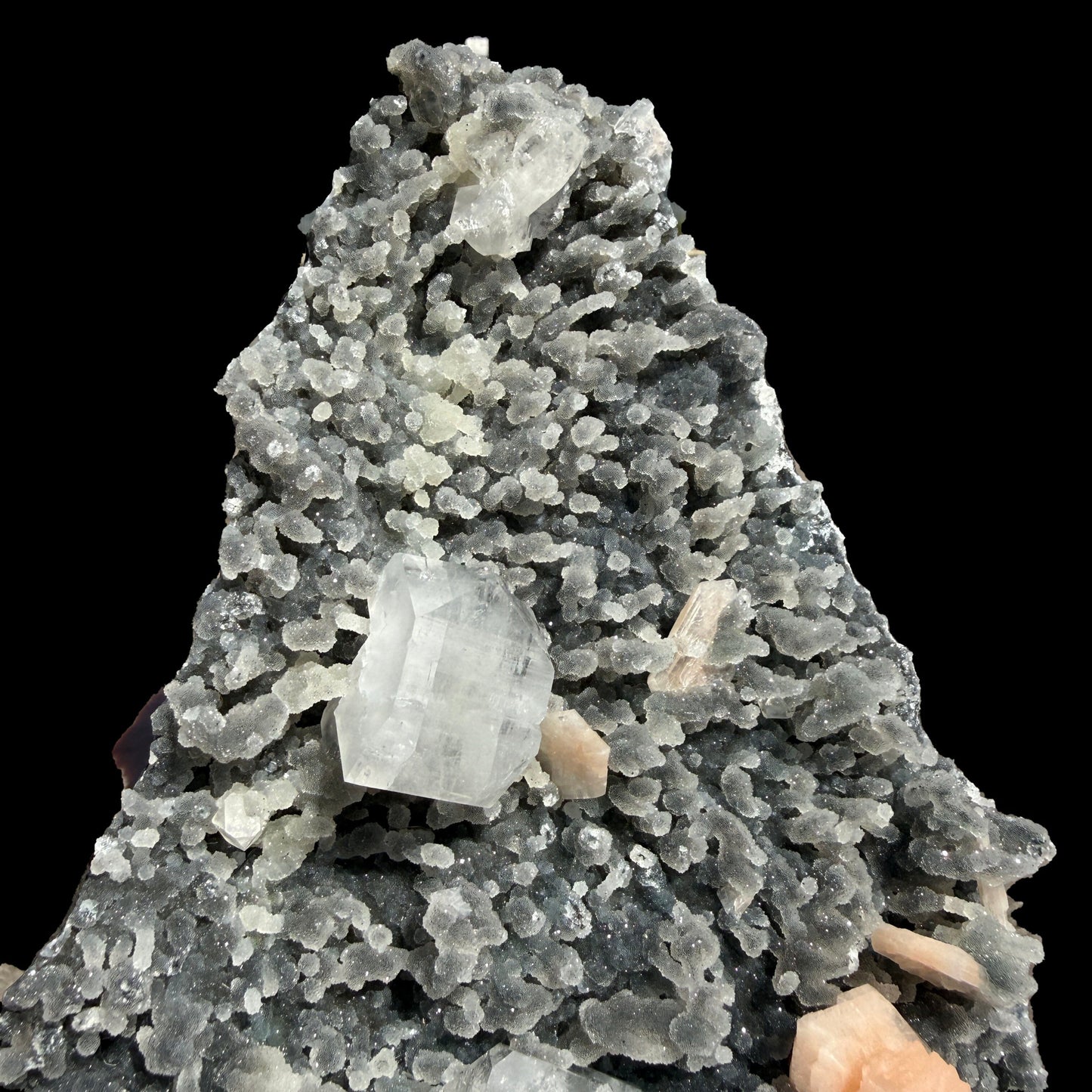 Sparkling Black Chalcedony Plate with Stilbite & Cubic Apophyllite – Rare Cabinet Mineral Specimen from Nashik # DKT124 Chalcedony Superb Minerals 