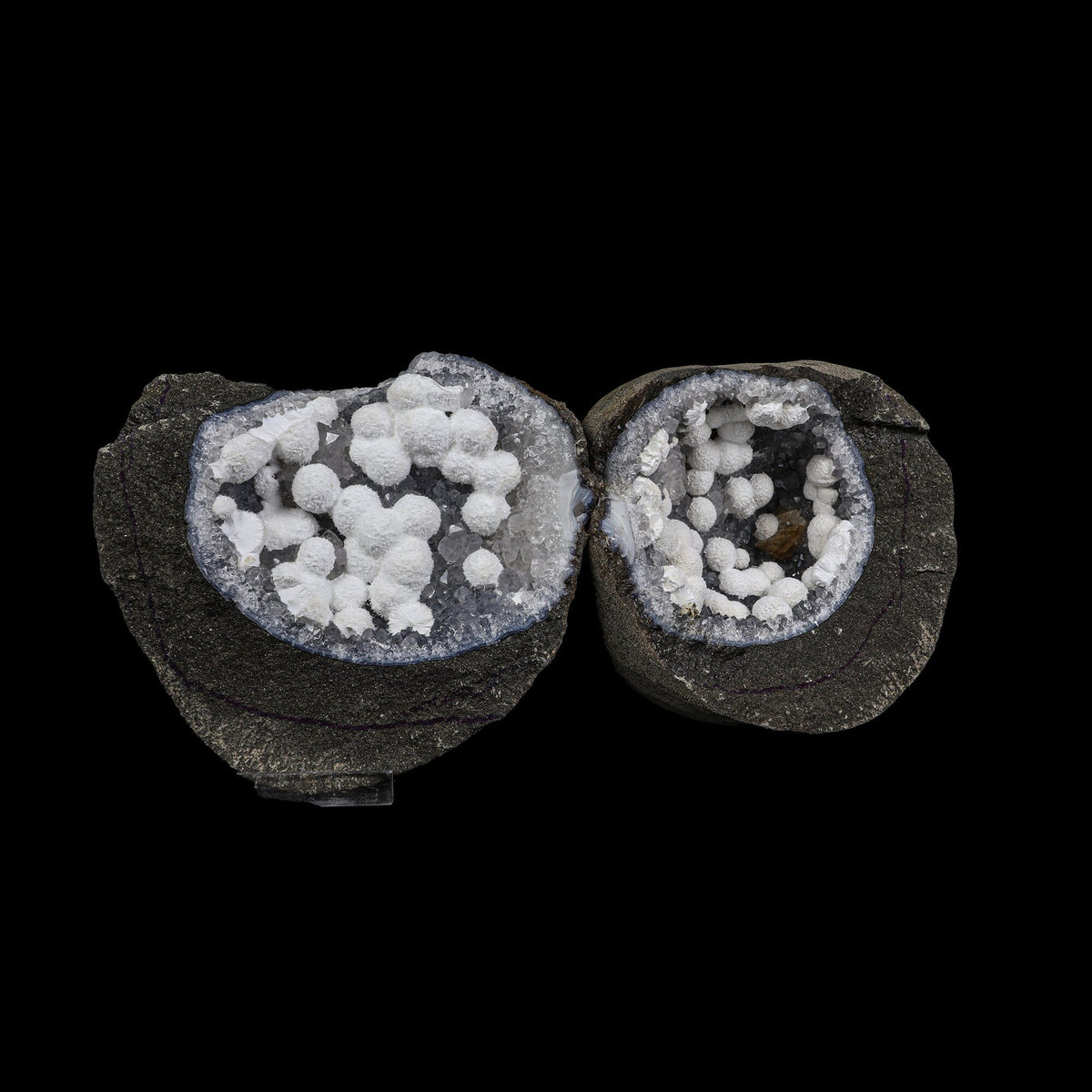Super Rare Complete Okenite Geode Pair on Micro-Quartz Matrix – Cotton-Ball Okenite Puffballs , India # B 7247 Okenite Superb Minerals 