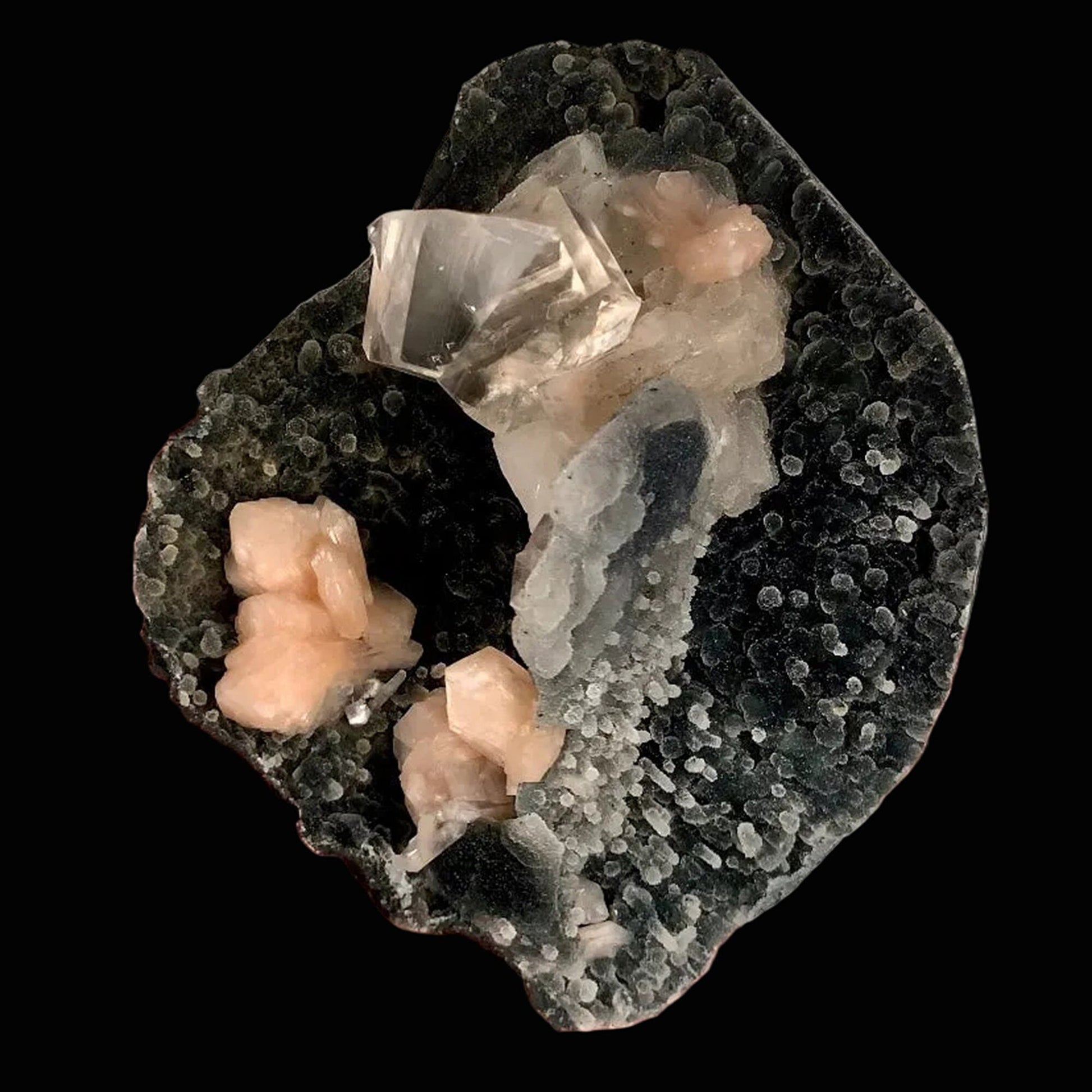 Top-Notch Gemmy Champagne Calcite with Stilbite on Black Chalcedony | Indian Zeolite Specimen – Jalgaon DK86 Calcite Superb Minerals 