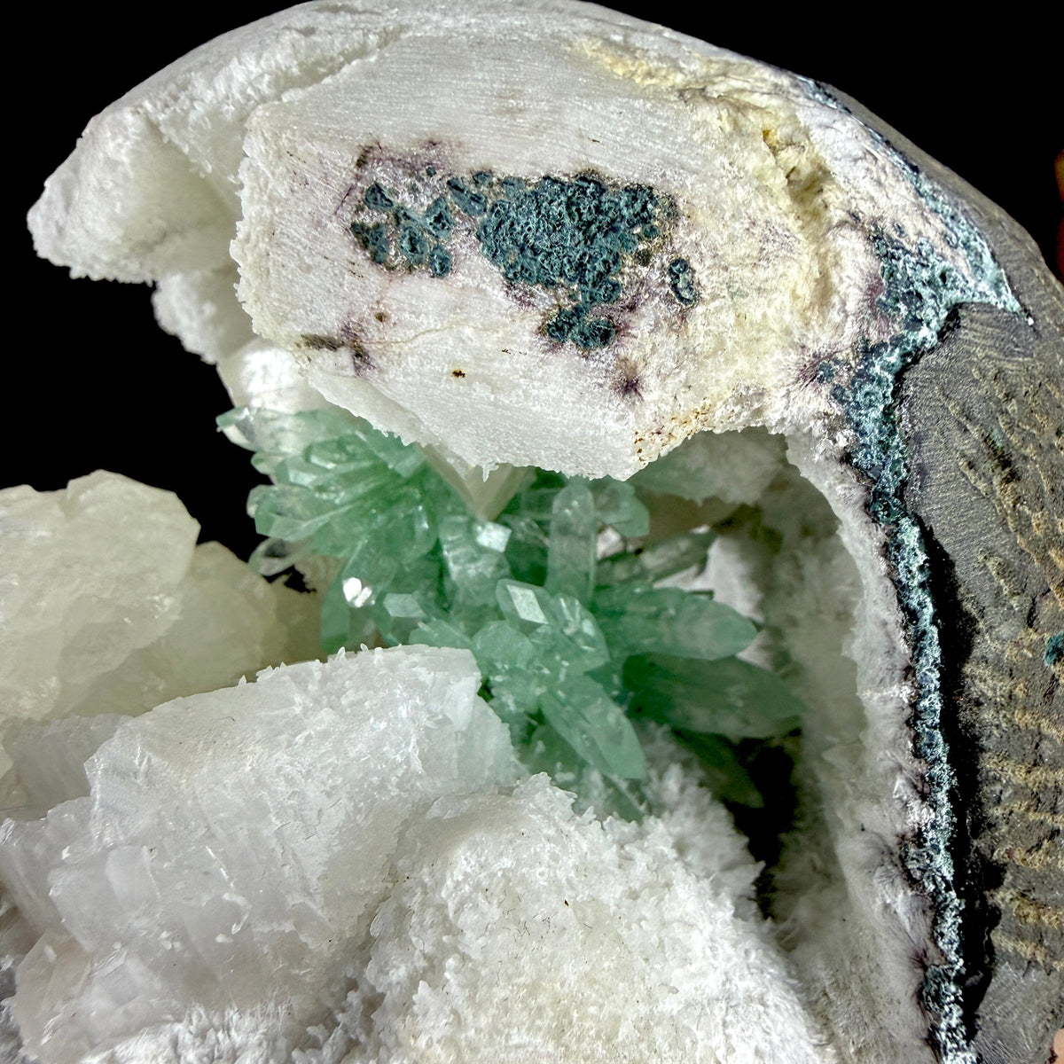 Vibrant Green Apophyllite Geode Pocket with Calcite, & Chalcedony - Collector’s Piece from Jalgaon, India # DKT167 Apophyllite Superb Minerals 