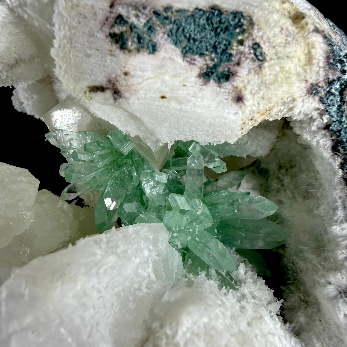Vibrant Green Apophyllite Geode Pocket with Calcite, & Chalcedony - Collector’s Piece from Jalgaon, India # DKT167 Apophyllite Superb Minerals 
