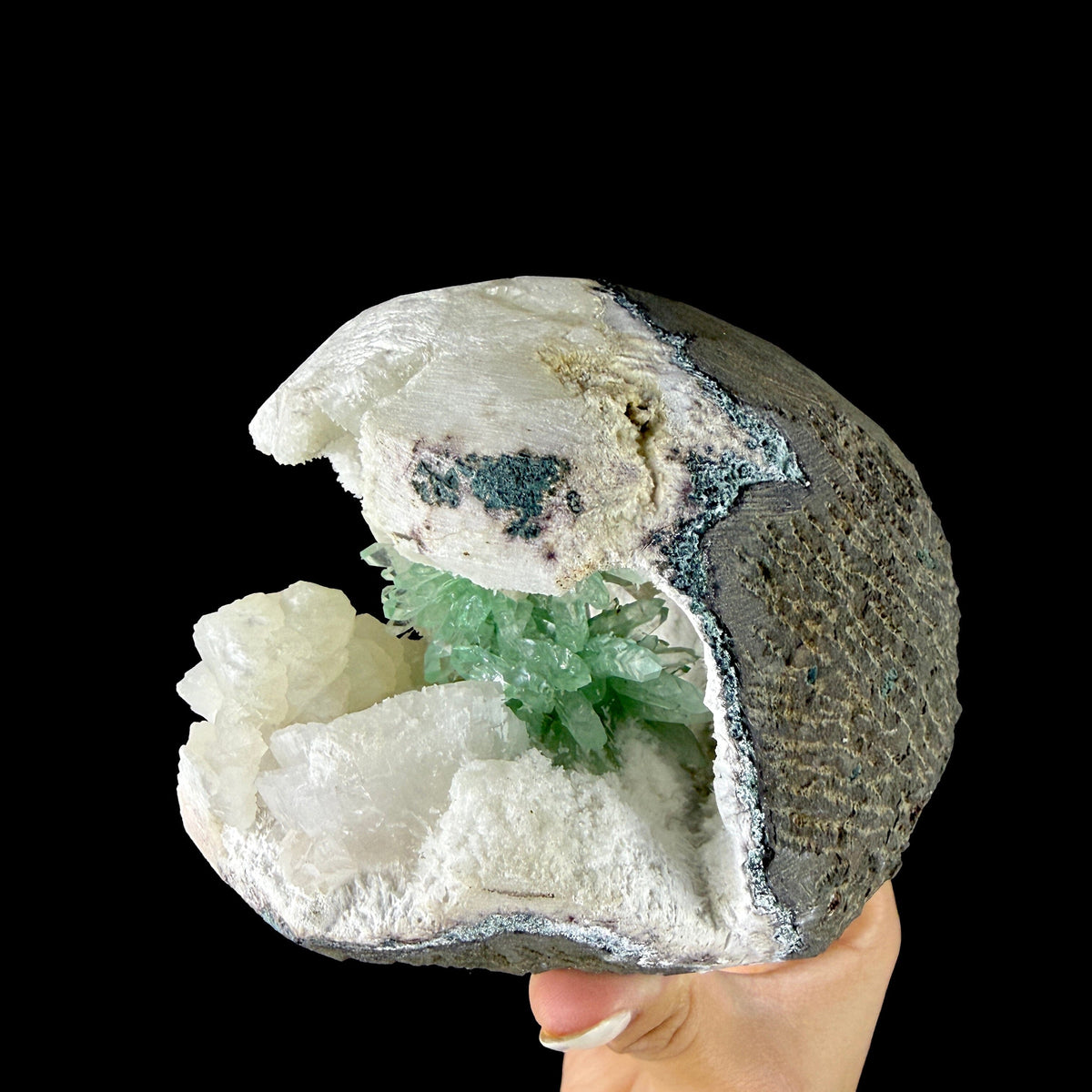 Vibrant Green Apophyllite Geode Pocket with Calcite, & Chalcedony - Collector’s Piece from Jalgaon, India # DKT167 Apophyllite Superb Minerals 
