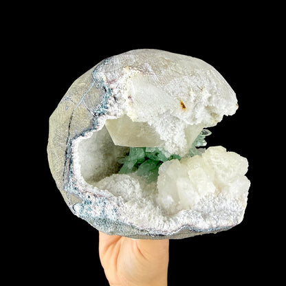Vibrant Green Apophyllite Geode Pocket with Calcite, & Chalcedony - Collector’s Piece from Jalgaon, India # DKT167 Apophyllite Superb Minerals 