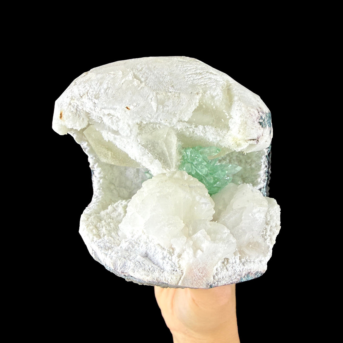 Vibrant Green Apophyllite Geode Pocket with Calcite, & Chalcedony - Collector’s Piece from Jalgaon, India # DKT167 Apophyllite Superb Minerals 