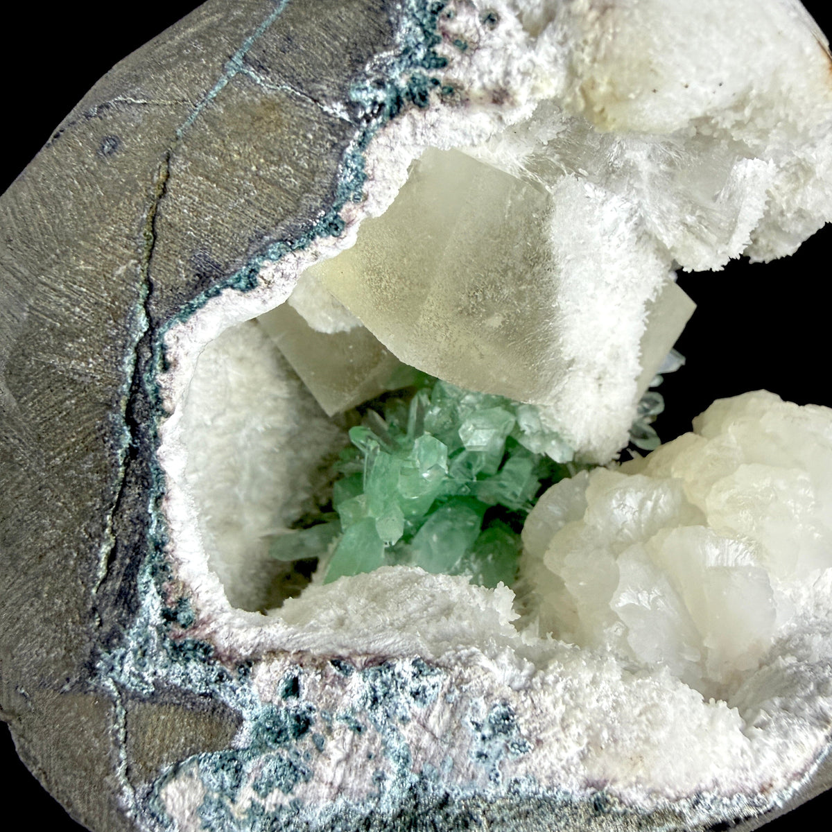 Vibrant Green Apophyllite Geode Pocket with Calcite, & Chalcedony - Collector’s Piece from Jalgaon, India # DKT167 Apophyllite Superb Minerals 
