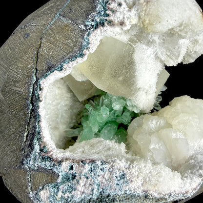 Vibrant Green Apophyllite Geode Pocket with Calcite, & Chalcedony - Collector’s Piece from Jalgaon, India # DKT167 Apophyllite Superb Minerals 