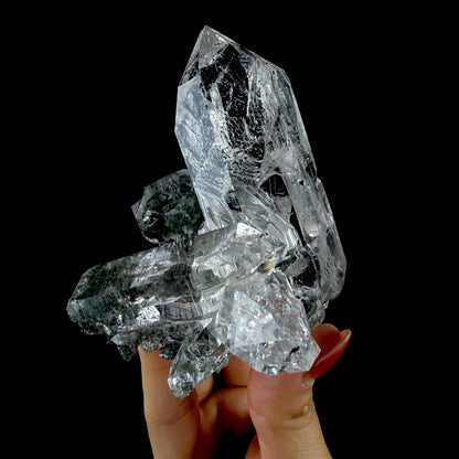 Water-Clear Quartz Crystal Cluster with Earthy Chlorite Inclusions - Collector’s Cabinet Specimen # DKT182 Quartz Superb Minerals 