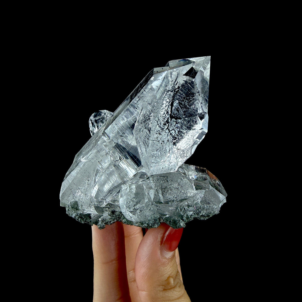 Water-Clear Quartz Crystal Cluster with Earthy Chlorite Inclusions - Collector’s Cabinet Specimen # DKT182 Quartz Superb Minerals 