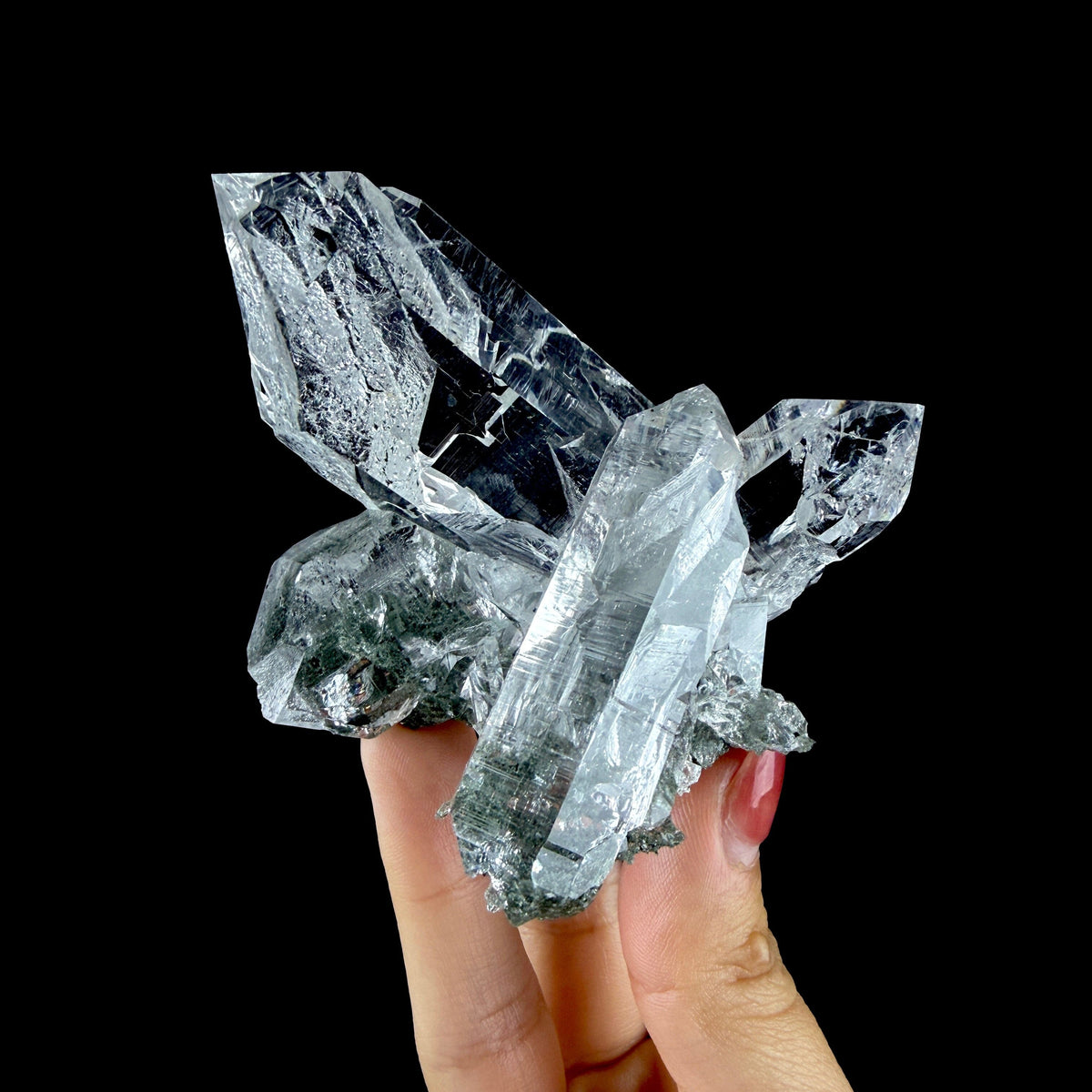 Water-Clear Quartz Crystal Cluster with Earthy Chlorite Inclusions - Collector’s Cabinet Specimen # DKT182 Quartz Superb Minerals 