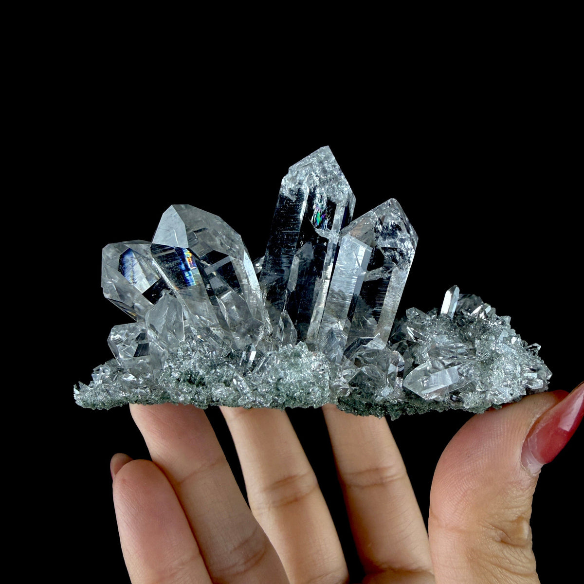 Water-Clear Quartz Crystal Cluster with Earthy Chlorite Inclusions - Collector’s Cabinet Specimen # DKT186 Quartz Superb Minerals 