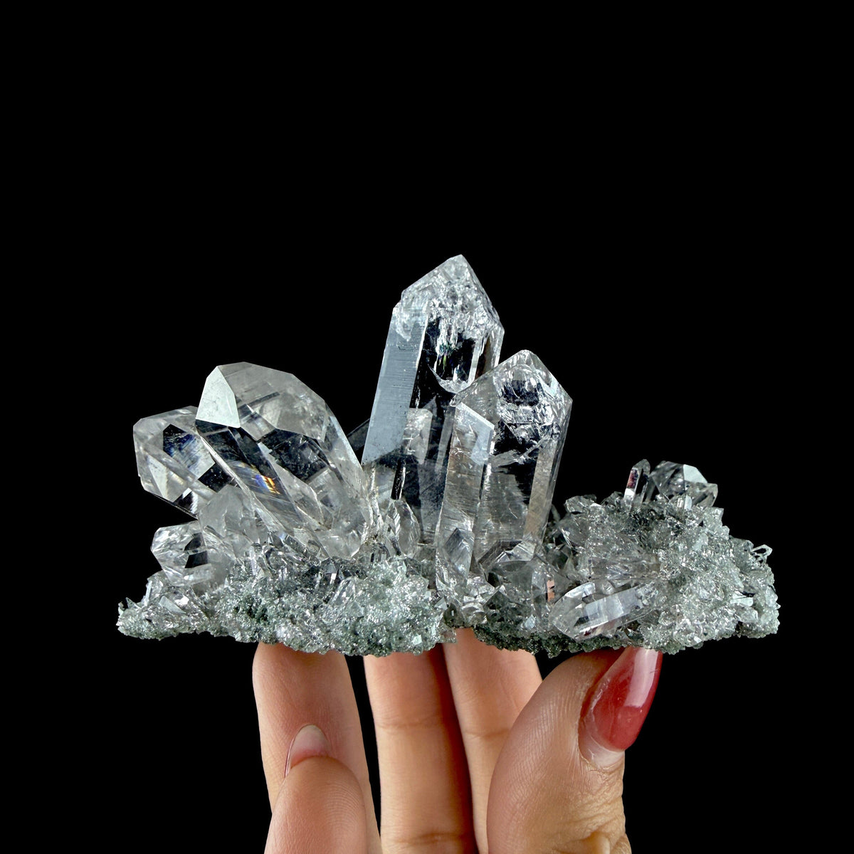 Water-Clear Quartz Crystal Cluster with Earthy Chlorite Inclusions - Collector’s Cabinet Specimen # DKT186 Quartz Superb Minerals 
