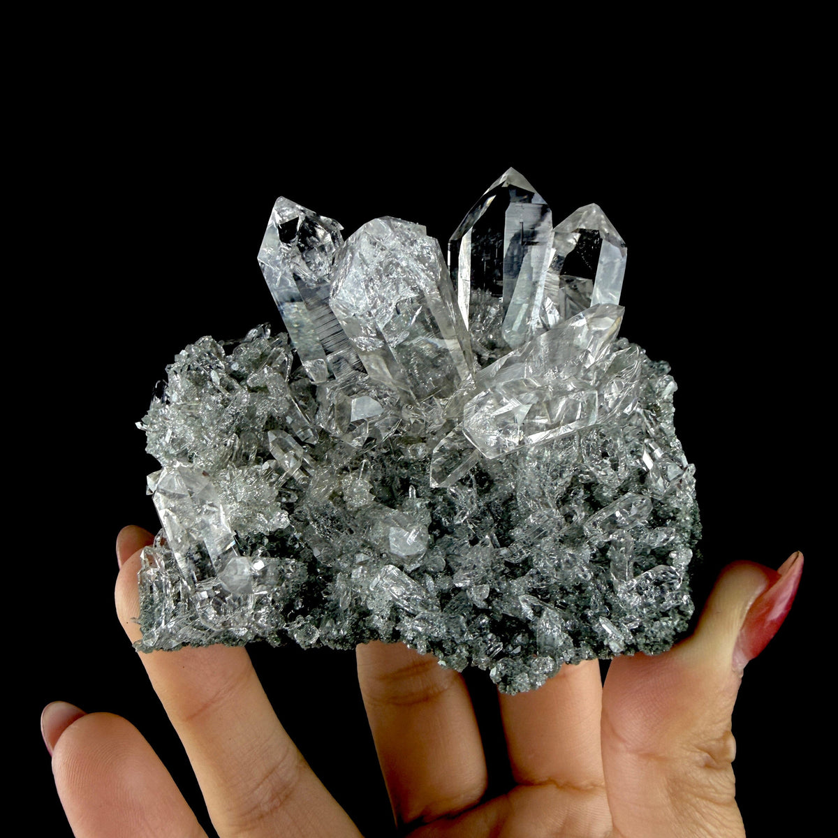Water-Clear Quartz Crystal Cluster with Earthy Chlorite Inclusions - Collector’s Cabinet Specimen # DKT186 Quartz Superb Minerals 