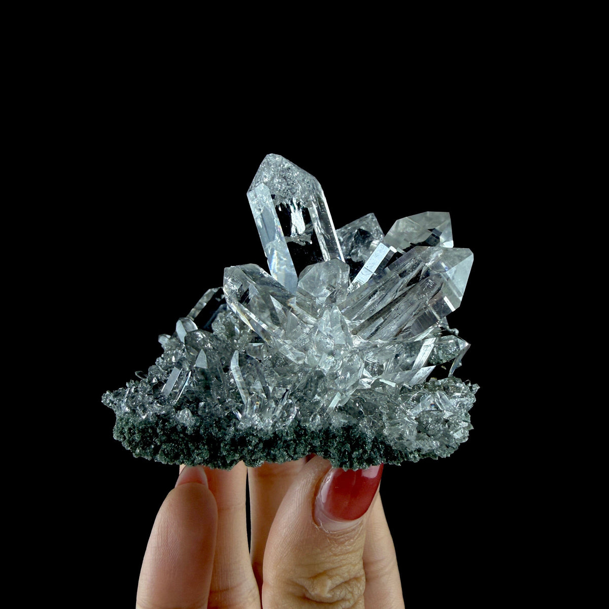 Water-Clear Quartz Crystal Cluster with Earthy Chlorite Inclusions - Collector’s Cabinet Specimen # DKT186 Quartz Superb Minerals 