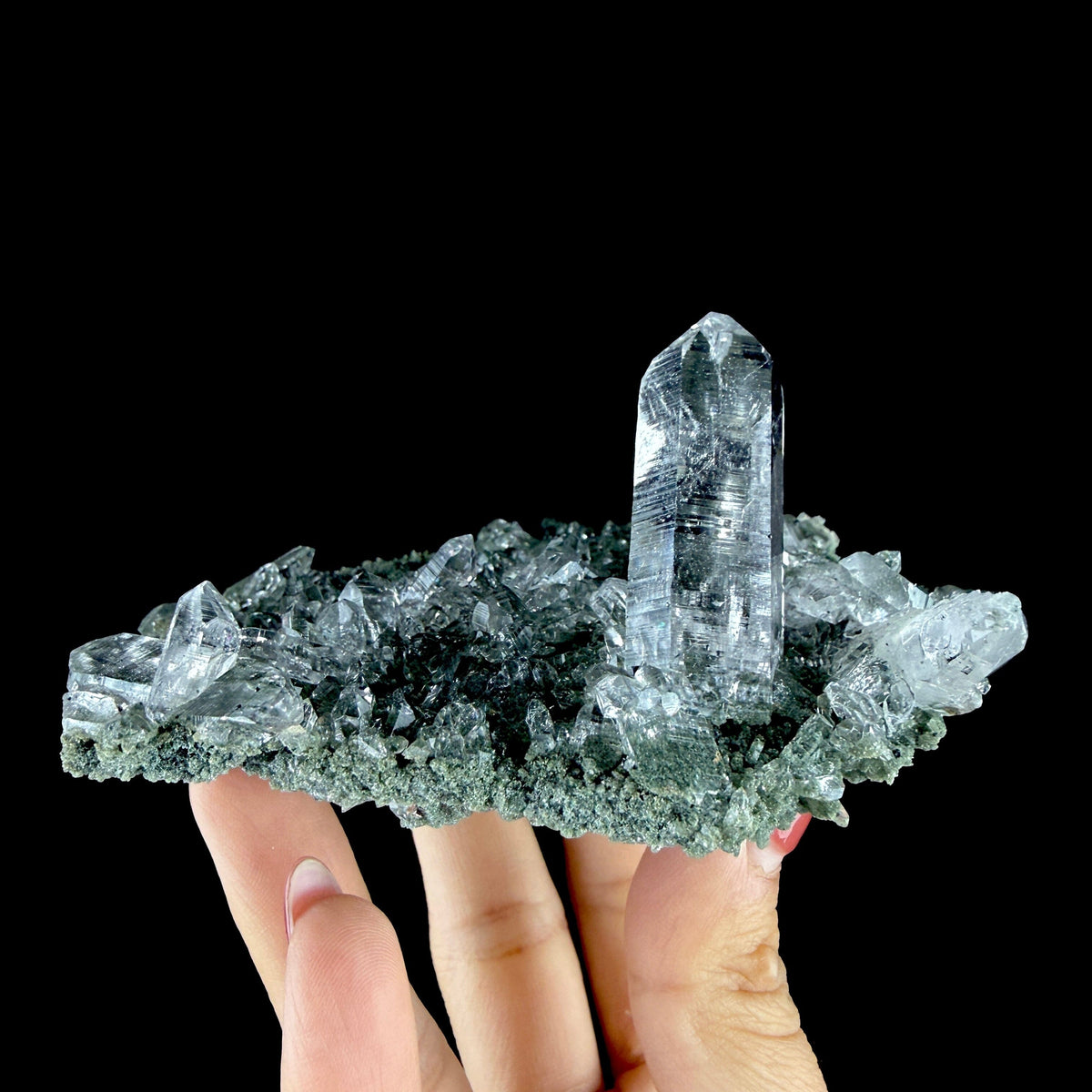 Water-Clear Quartz Crystal Cluster with Earthy Chlorite Inclusions - Collector’s Cabinet Specimen # DKT189 Quartz Superb Minerals 