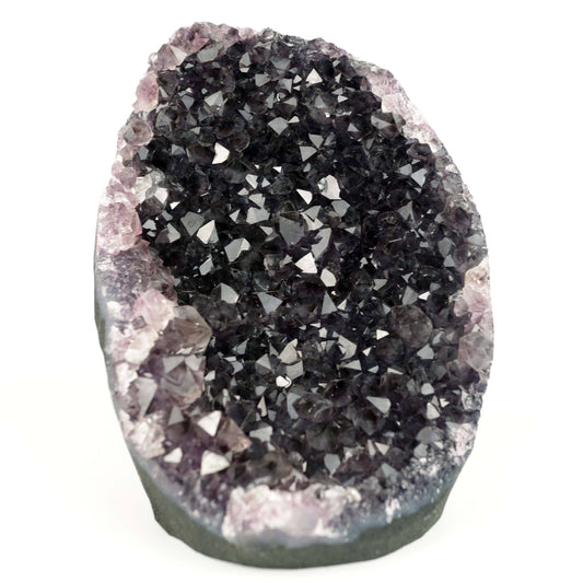 Amethyst Dark Purple Crystals Geode Natural Mineral Specimen # B 4647  https://www.superbminerals.us/products/amethyst-dark-purple-crystals-geode-natural-mineral-specimen-b-4647  Features: A Geode encrusted with beautiful, transparent Amethyst Quartz crystals in deep purple. Amethyst's vivid purple is unlike anything else on the market, and this piece is no exception. Aesthetic, with excellent colour and shine, and at a great price. It is in good shape. Primary Mineral(s): Amethyst