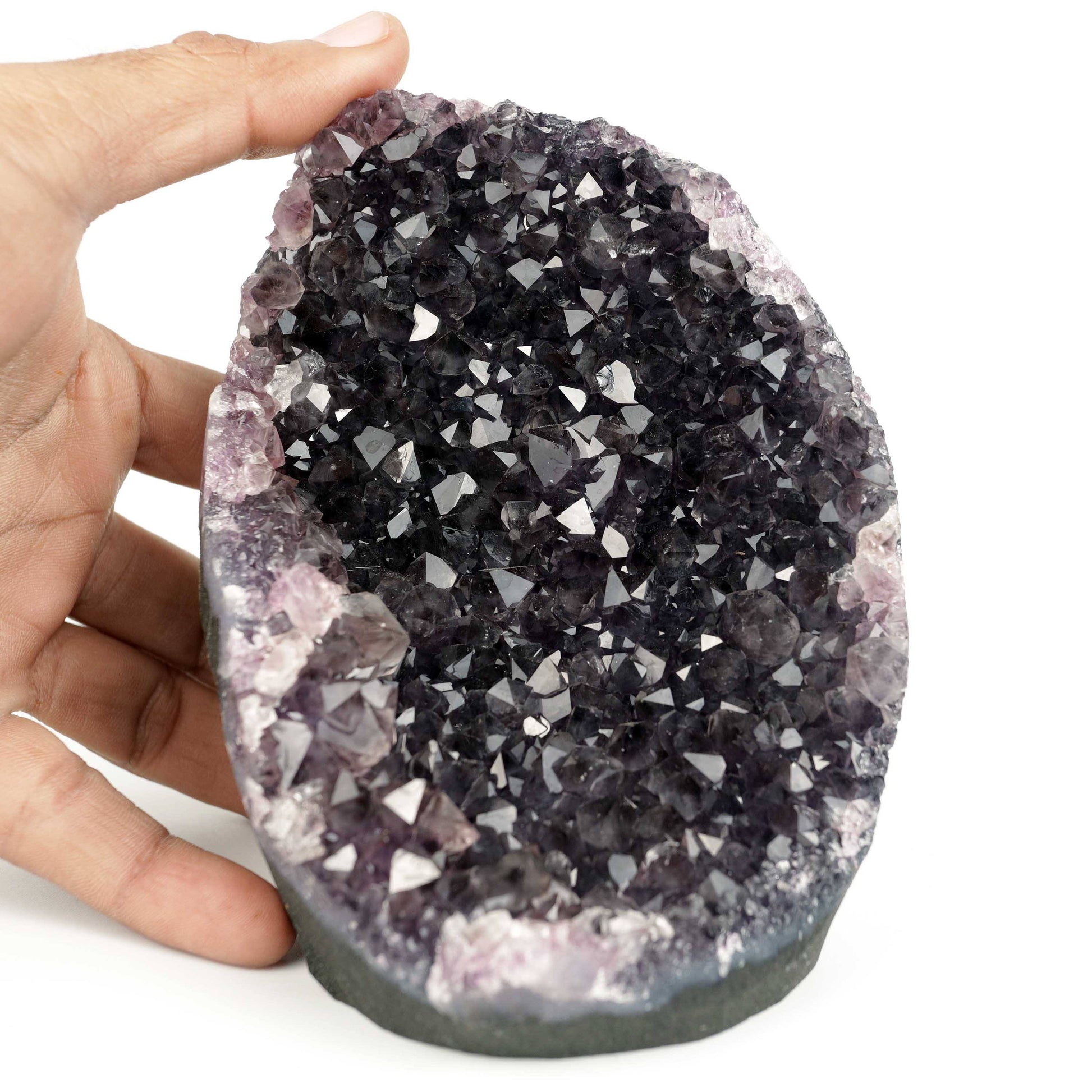 Amethyst Dark Purple Crystals Geode Natural Mineral Specimen # B 4647  https://www.superbminerals.us/products/amethyst-dark-purple-crystals-geode-natural-mineral-specimen-b-4647  Features: A Geode encrusted with beautiful, transparent Amethyst Quartz crystals in deep purple. Amethyst's vivid purple is unlike anything else on the market, and this piece is no exception. Aesthetic, with excellent colour and shine, and at a great price. It is in good shape. Primary Mineral(s): Amethyst