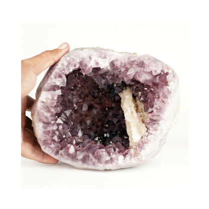 Amethyst purple geod formation with Calcite Natural Mineral Specimen # b3669 An Amethyst Quartz Geode from India! The Amethyst is lustrous and a unique purple color on a colorless Chalcedony. There is banding clearly present on the opening edge, and there is a unique thin reddish-brown streak around the inside of the geode due to a self-healed fracture on the outside of the geode.