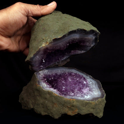 Amethyst Purple Crystals Geode (2 Halves ) Natural Mineral Specimen # …  https://www.superbminerals.us/products/amethyst-purple-crystals-geode-2-halves-natural-mineral-specimen-b-4816  Features: An extremely stylish piece highlighting two parts of an Amethyst Geode. The Amethyst crystals are on a Quartz which itself is on layers of clear, dark/blue Chalcedony. The tone, shine and differentiation is astonishing. Furthermore, to see two coordinated parts showed is an eye-catcher. 