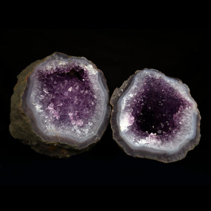 Amethyst Purple Crystals Geode (2 Halves ) Natural Mineral Specimen # …  https://www.superbminerals.us/products/amethyst-purple-crystals-geode-2-halves-natural-mineral-specimen-b-4816  Features: An extremely stylish piece highlighting two parts of an Amethyst Geode. The Amethyst crystals are on a Quartz which itself is on layers of clear, dark/blue Chalcedony. The tone, shine and differentiation is astonishing. Furthermore, to see two coordinated parts showed is an eye-catcher. 