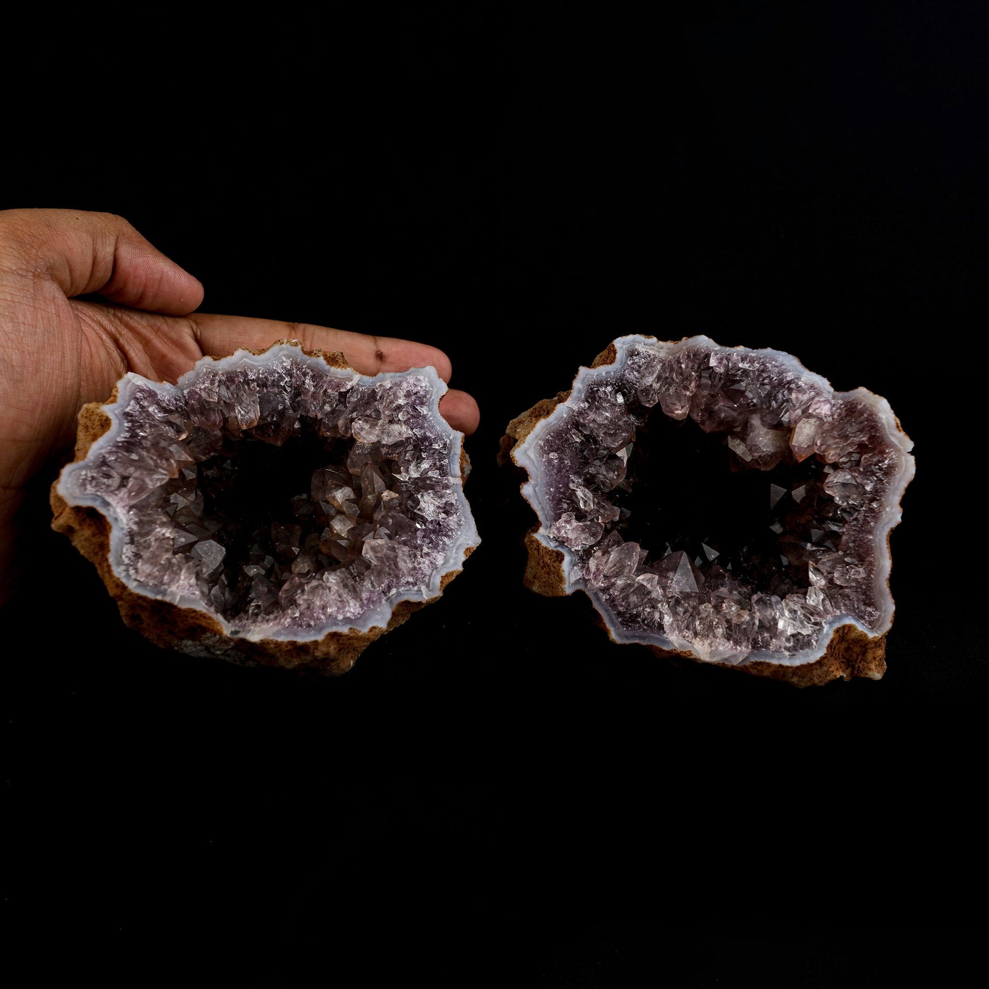 Amethyst Purple Crystals Geode (2 Halves ) Natural Mineral Specimen #…  https://www.superbminerals.us/products/amethyst-purple-crystals-geode-2-halves-natural-mineral-specimen-b-5114  Features: An extremely stylish piece highlighting two parts of an Amethyst Geode. The Amethyst crystals are on a Quartz which itself is on layers of clear, dark/blue Chalcedony. The tone, shine and differentiation is astonishing. Furthermore, to see two coordinated parts showed is an eye-catcher. 
