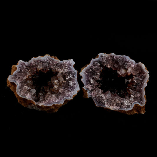 Amethyst Purple Crystals Geode (2 Halves ) Natural Mineral Specimen #…  https://www.superbminerals.us/products/amethyst-purple-crystals-geode-2-halves-natural-mineral-specimen-b-5114  Features: An extremely stylish piece highlighting two parts of an Amethyst Geode. The Amethyst crystals are on a Quartz which itself is on layers of clear, dark/blue Chalcedony. The tone, shine and differentiation is astonishing. Furthermore, to see two coordinated parts showed is an eye-catcher. 