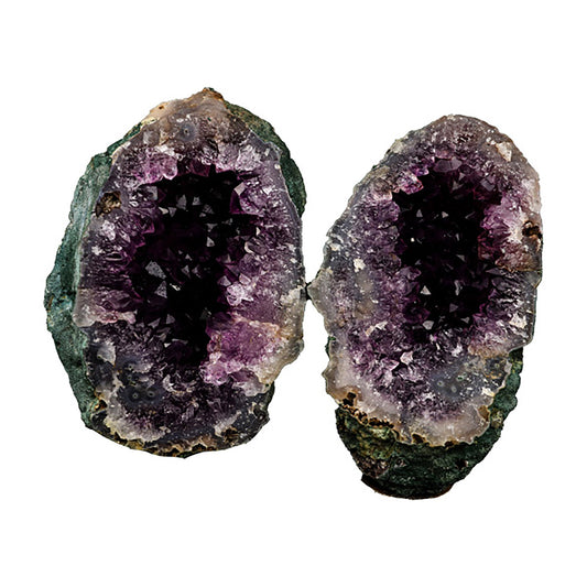 Amethyst Sprakling Two Havles Geode Natural Mineral Specimen # B 5289  https://www.superbminerals.us/products/amethyst-sprakling-two-havles-geode-natural-mineral-specimen-b-5289  Features: This essay highlights the importance of never judging a book by its cover. When you look at these two halves together, it's plain and unappealing. Even unappealing. It's a breathtaking contrast to see the sparkling, purple Amethyst crystals lining the entire chamber on both half as it splits apart!