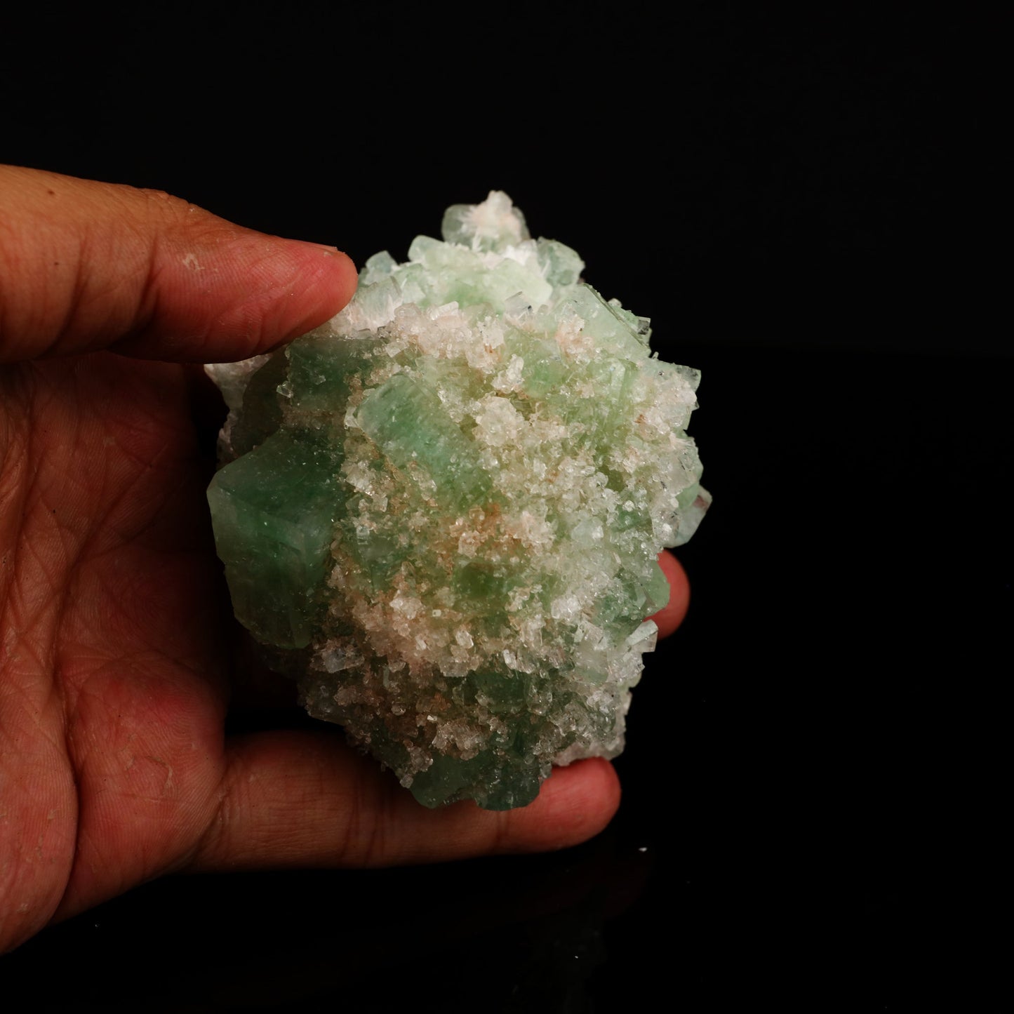 Apophyllite Cubes green Natural Mineral Specimen # B 5549  https://www.superbminerals.us/products/apophyllite-cubes-green-natural-mineral-specimen-b-5549  Features:Primary Mineral(s): ApophylliteSecondary Mineral(s): N/AMatrix: N/ASize : 3 Inch x 4 InchWeight : 271 GmsLocality: Nashik , Maharashtra, India Fluorapophyllite crystals with peach Stilbite crystals on minor matrix from Nashik, excellent grade, sharp, glossy and doubly terminated. 