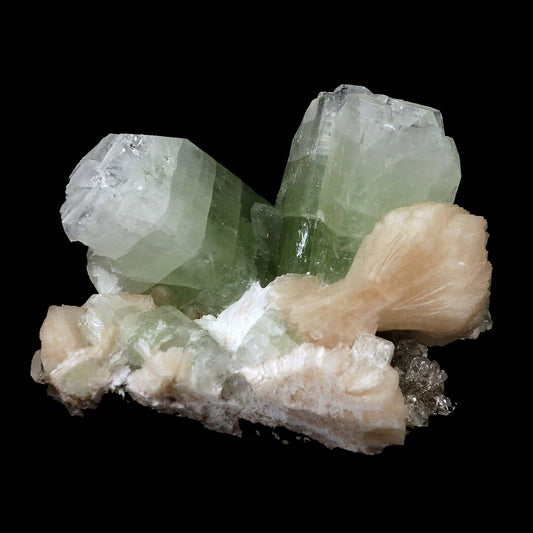 Apophyllite green crystal with Stilbite Natural Mineral Specimen # B 3…  https://www.superbminerals.us/products/apophyllite-green-crystal-with-stilbite-natural-mineral-specimen-b-3607  Features:Two large, green apophyllite cubes in 'V' formation with strong green shade. along with pink Stilbite bow shape formation. Primary Mineral(s): ApophylliteSecondary Mineral(s): StilbiteMatrix: N/A12 cm x 9 cm860 GmsLocality: Nashik, Maharashtra, IndiaYear of Discovery: 2020