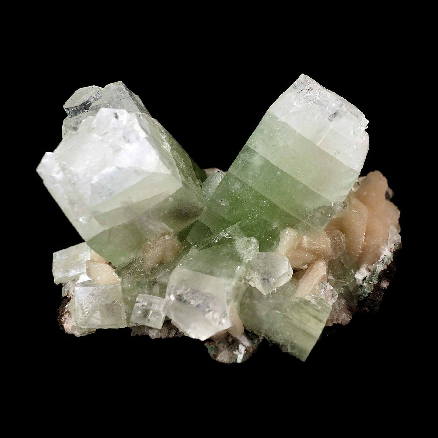 Apophyllite green crystal with Stilbite Natural Mineral Specimen # B 3…  https://www.superbminerals.us/products/apophyllite-green-crystal-with-stilbite-natural-mineral-specimen-b-3607  Features:Two large, green apophyllite cubes in 'V' formation with strong green shade. along with pink Stilbite bow shape formation. Primary Mineral(s): ApophylliteSecondary Mineral(s): StilbiteMatrix: N/A12 cm x 9 cm860 GmsLocality: Nashik, Maharashtra, IndiaYear of Discovery: 2020
