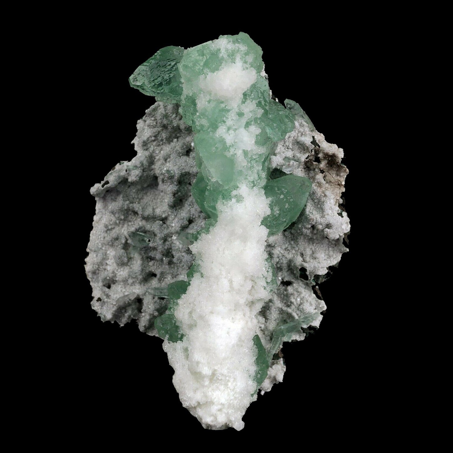 Apophyllite Green with Scolecite on Chalcedony Natural Mineral Specimen B3738 https://www.superbminerals.us/products/apophyllite-green-with-scolecite-on-chalcedony-natural-mineral-specimen-b-3738 This piece has various gemmy, radiant, straightforward groups of green Apophyllite precious crystals, profoundly pursued for their lucidity and rich green tone, on it various bunches of white, clear scolecite splashes, all on a grid of white, shimmering Chalcedony. An excellent and gaudy piece 